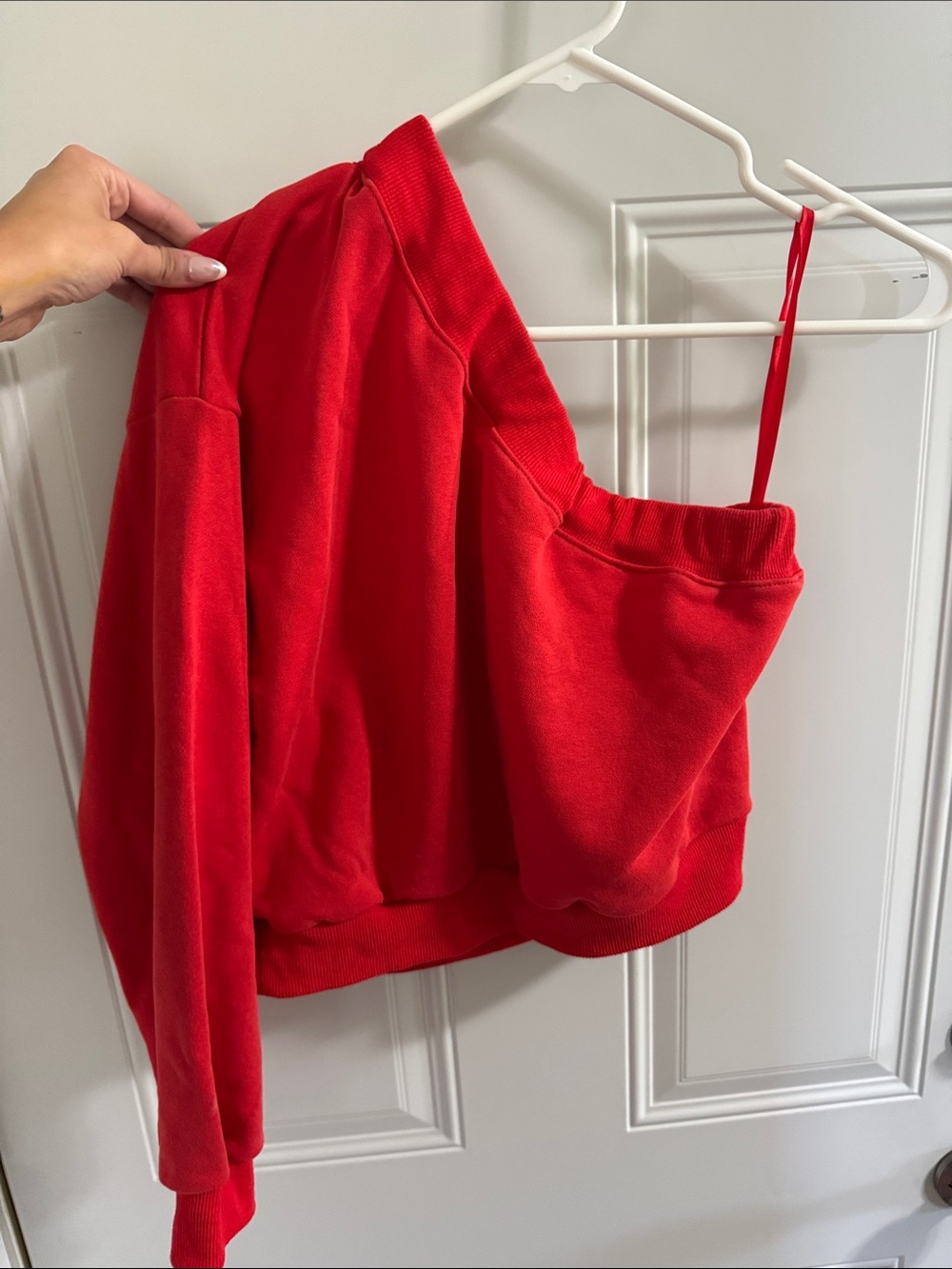 One-Shoulder Red Velour Long Sleeve Top